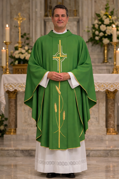 Gothic chasuble with Cipriano cross  and wheat embroidery on 100% Wool. Made in Italy and sold by The Clergy Store