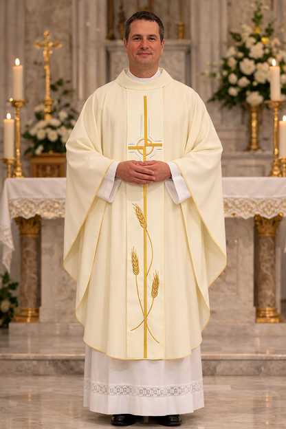 Gothic chasuble with Cipriano cross  and wheat embroidery on 100% Wool. Made in Italy and sold by The Clergy Store