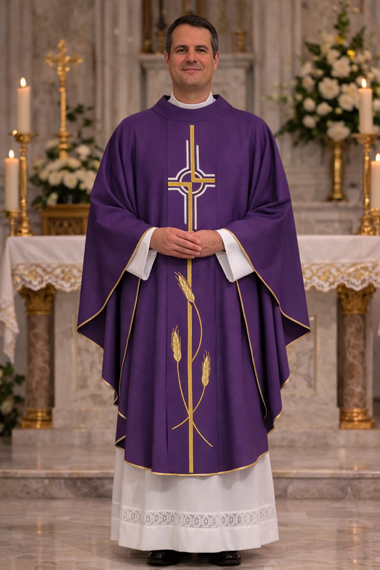 Gothic chasuble with Cipriano cross  and wheat embroidery on 100% Wool. Made in Italy and sold by The Clergy Store