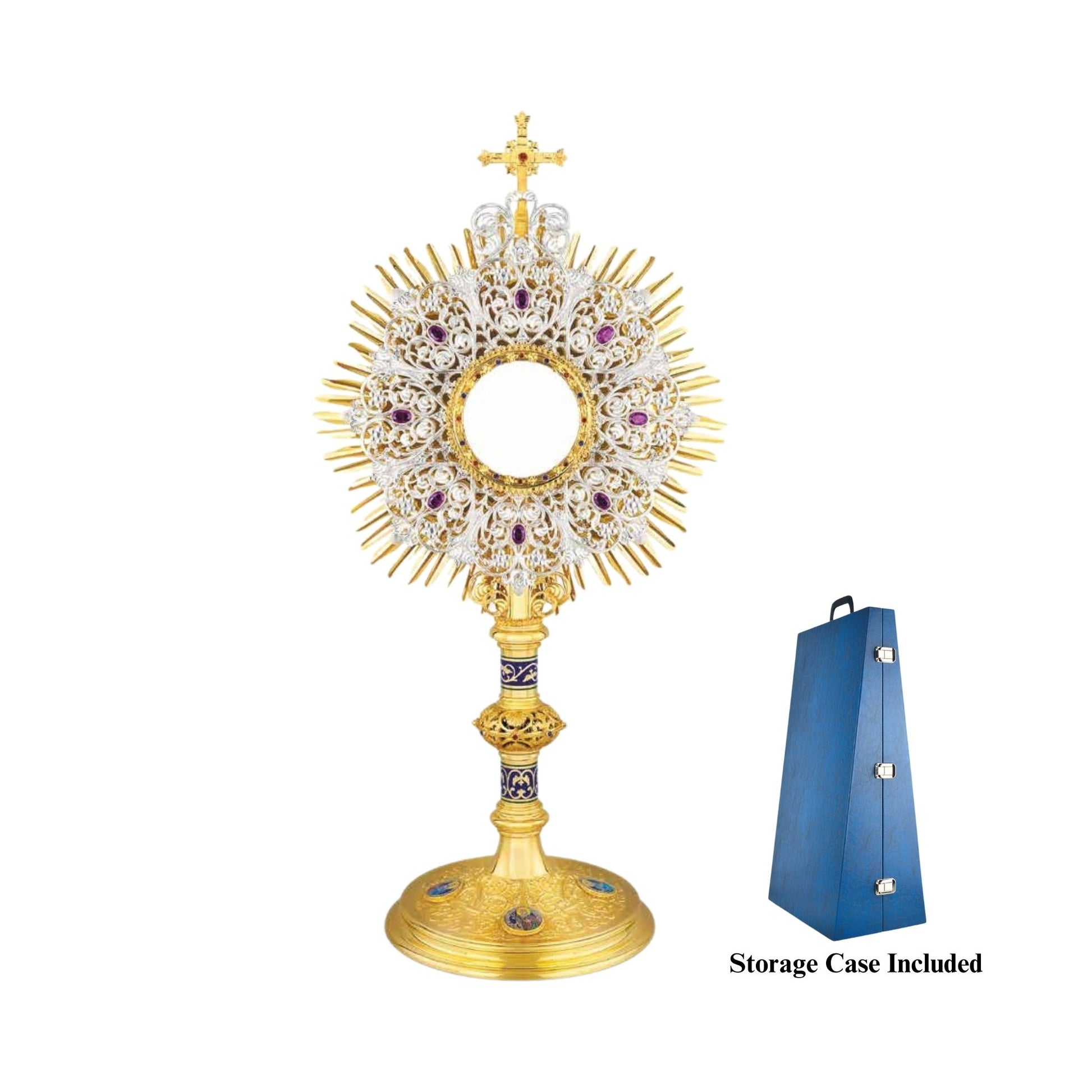 Highly decorated monstrance inspired by original German models from the late XIX and early XX centuries. Multilayered glory consists of a gold-plated sunburst and an elaborate silver-plated wreath with synthetic amethysts. The opening for the luna is surrounded with a round frame set with colorful stones. The monstrance is topped with a gold-plated cross. Both the node and the base are richly adorned with scrollwork patterns, colorful stones and enameled accents. Medallions on the base feature the Holy Fami