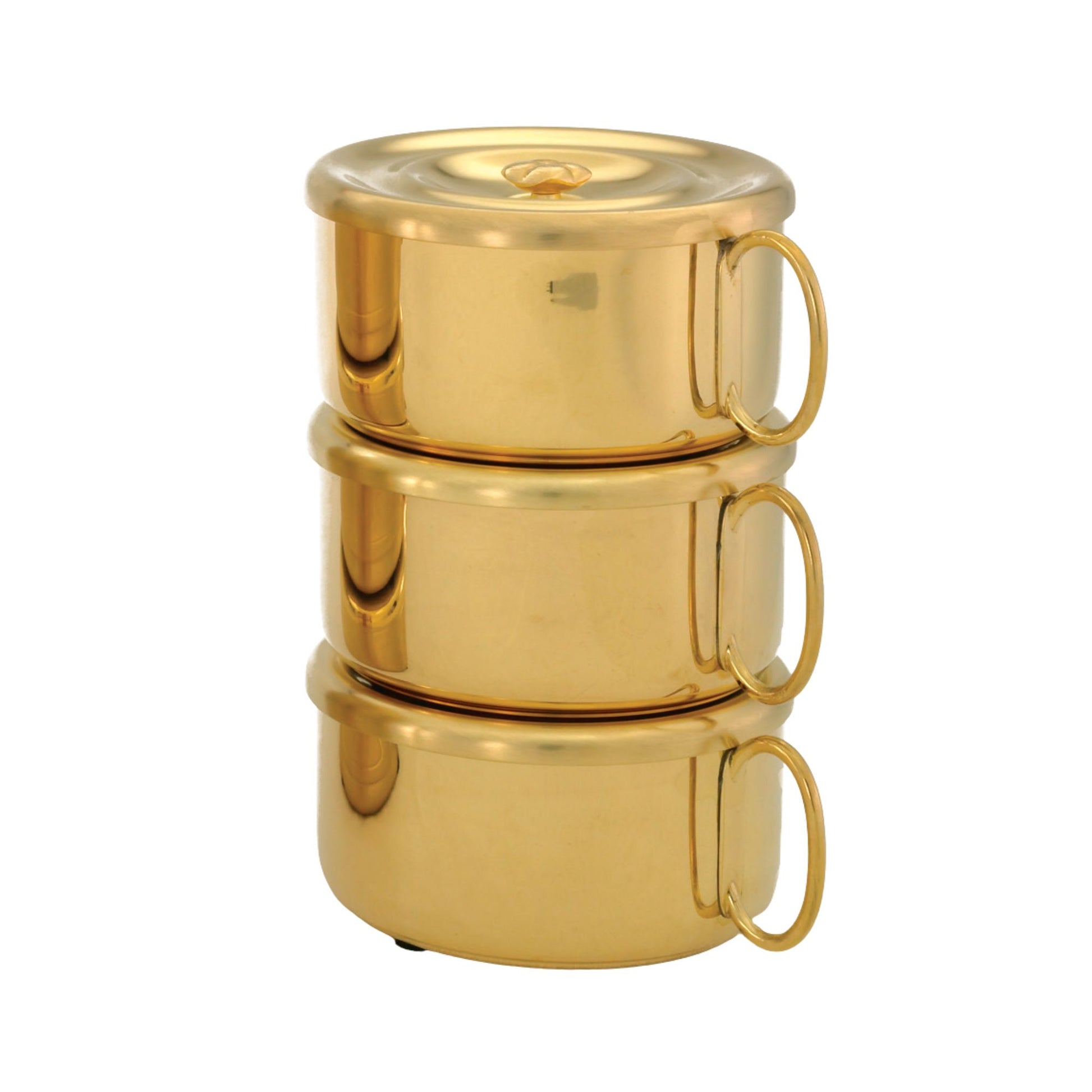 Gold or silver plated stacking ciboria designed for Catholic liturgical use and the reverent distribution of the Blessed Sacrament.