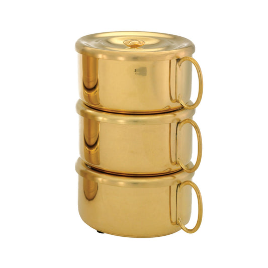 Gold or silver plated stacking ciboria designed for Catholic liturgical use and the reverent distribution of the Blessed Sacrament.
