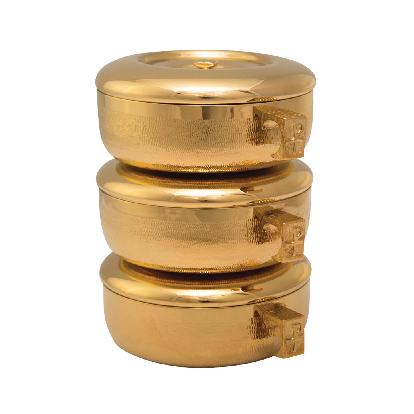 Gold or silver plated stacking ciboria designed for Catholic liturgical use and the reverent distribution of the Blessed Sacrament.