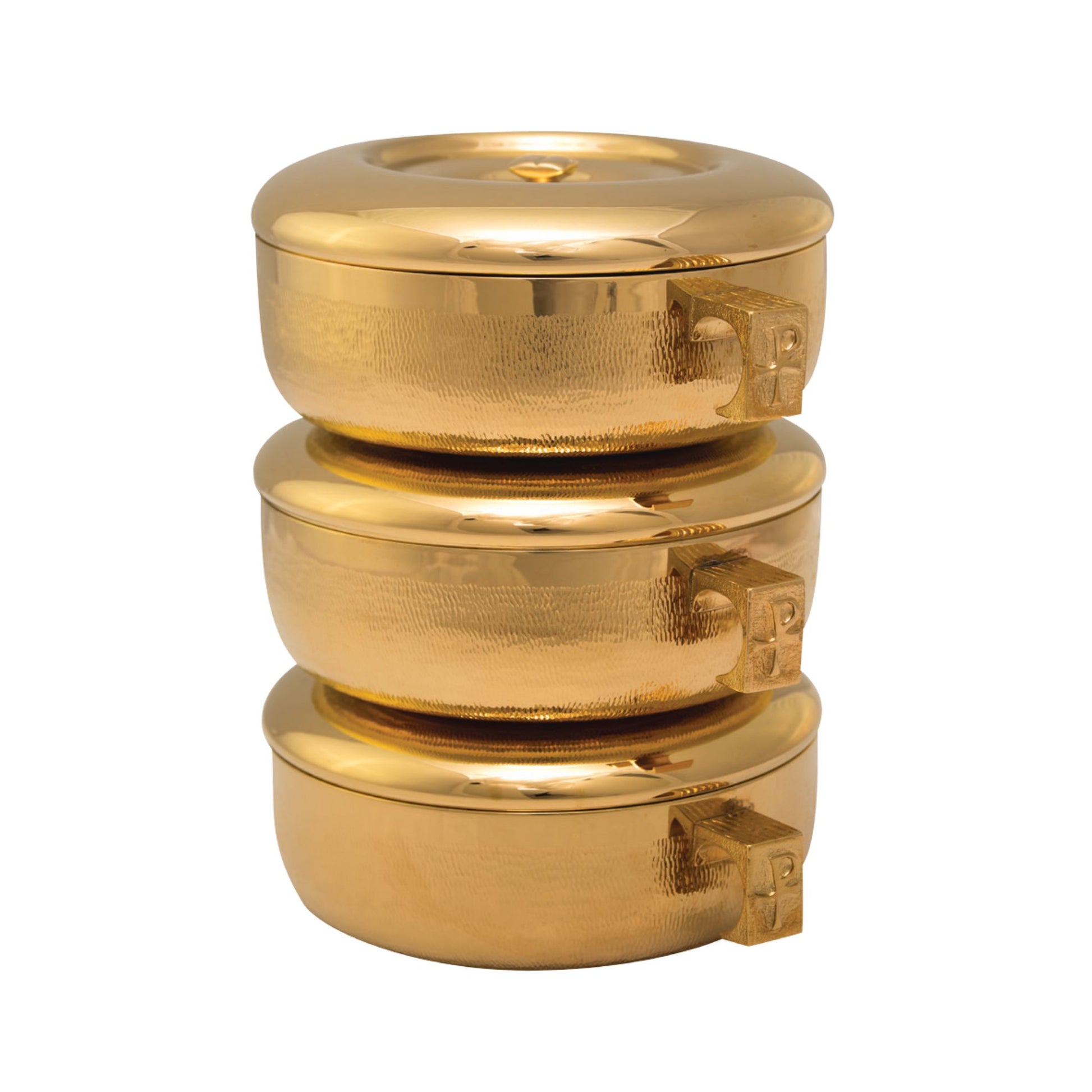 Gold or silver plated stacking ciboria designed for Catholic liturgical use and the reverent distribution of the Blessed Sacrament.