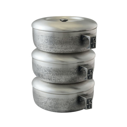 Gold or silver plated stacking ciboria designed for Catholic liturgical use and the reverent distribution of the Blessed Sacrament.