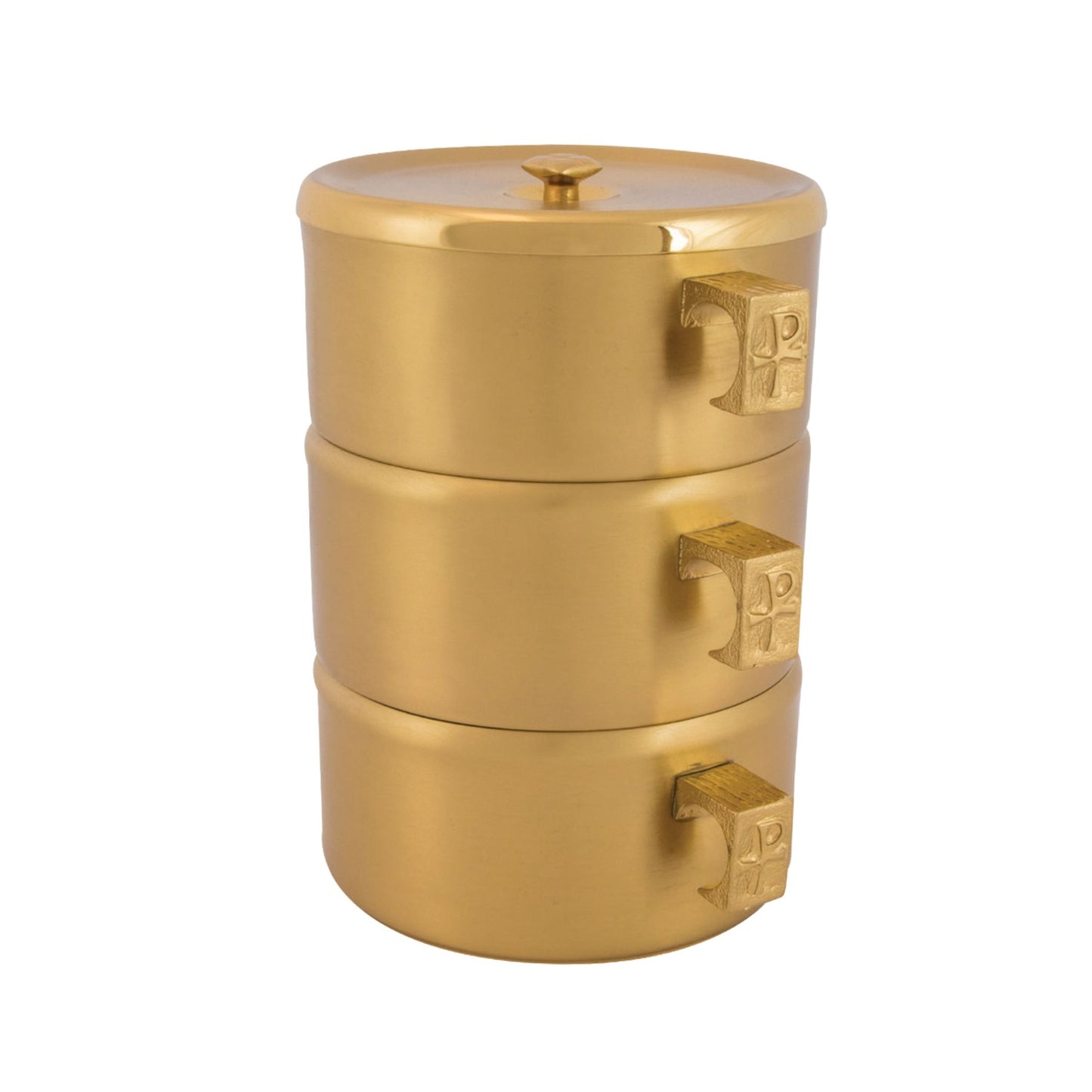 Gold or silver plated stacking ciboria designed for Catholic liturgical use and the reverent distribution of the Blessed Sacrament.