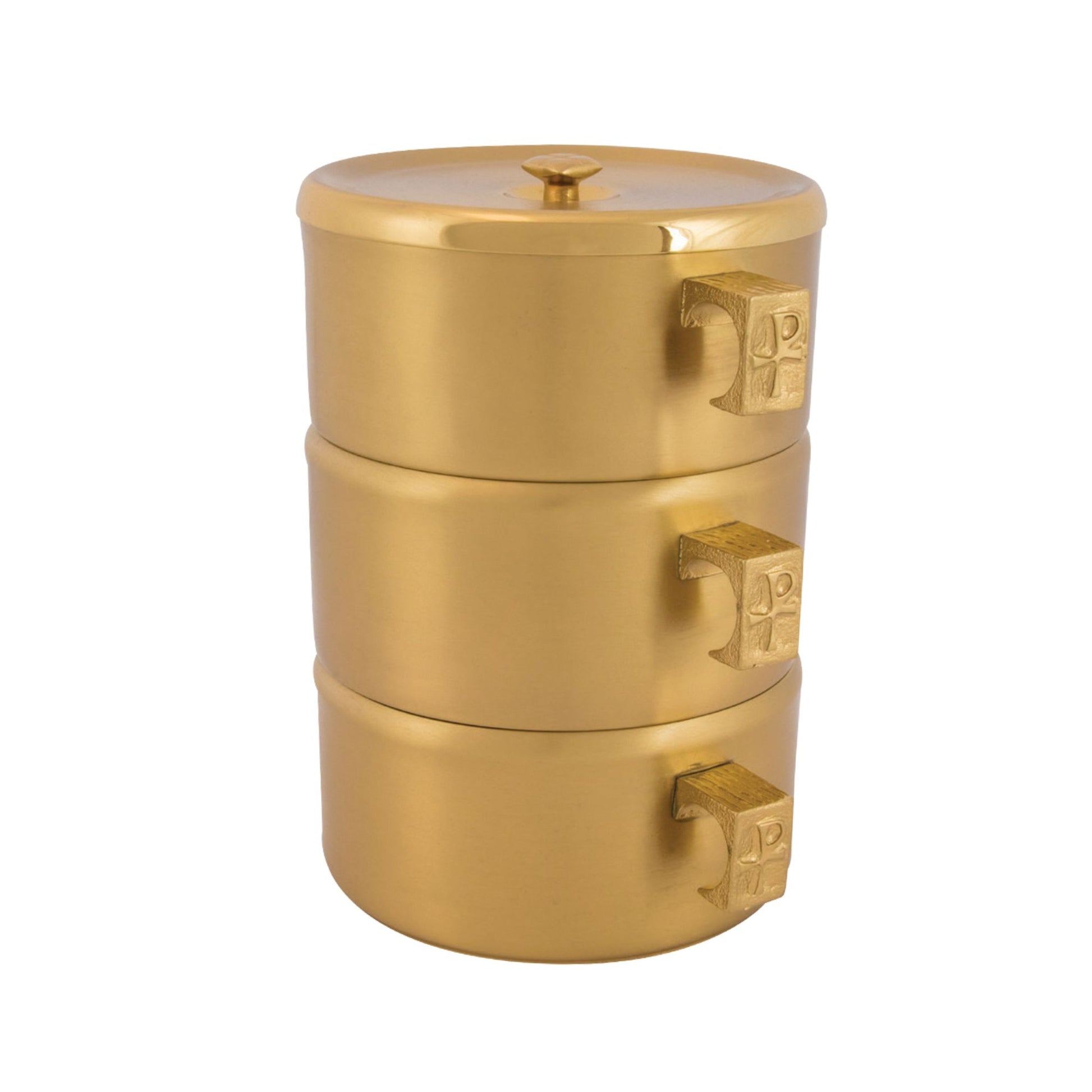 Gold or silver plated stacking ciboria designed for Catholic liturgical use and the reverent distribution of the Blessed Sacrament.