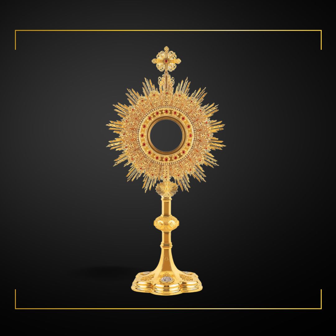 Neo-Gothic Monstrance with medallions of the Holy Family 453. Made in Poland and sold by The Clergy Store