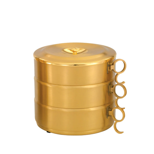 Gold or silver plated stacking ciboria designed for Catholic liturgical use and the reverent distribution of the Blessed Sacrament.