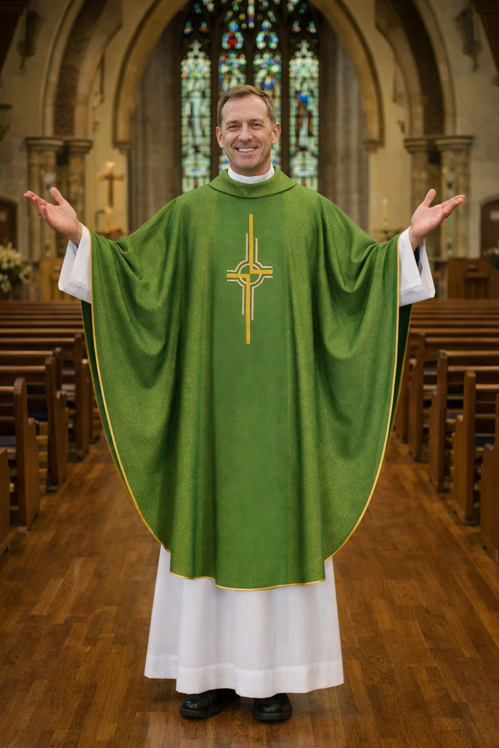 Priest in a green and white robe with a cross emblem in a church setting