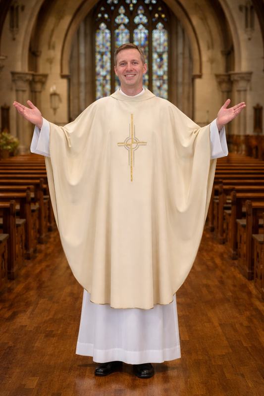 Priest in liturgical vestments standing in a church nave with stained glass windows.