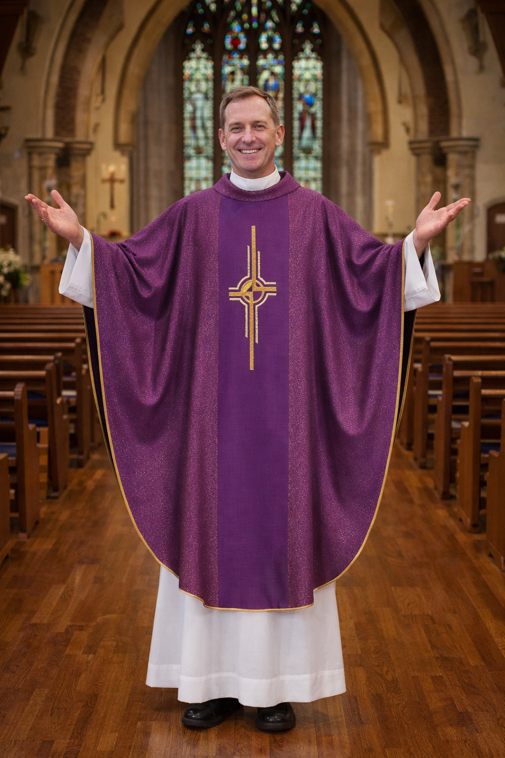 Priest in purple vestment with a cross symbol in a church setting