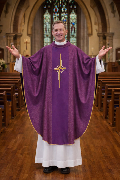 Priest in purple vestment with a cross symbol in a church setting