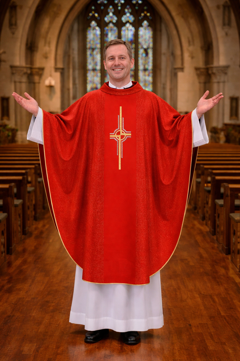 Priest in red liturgical vestment with cross design in a cathedral setting