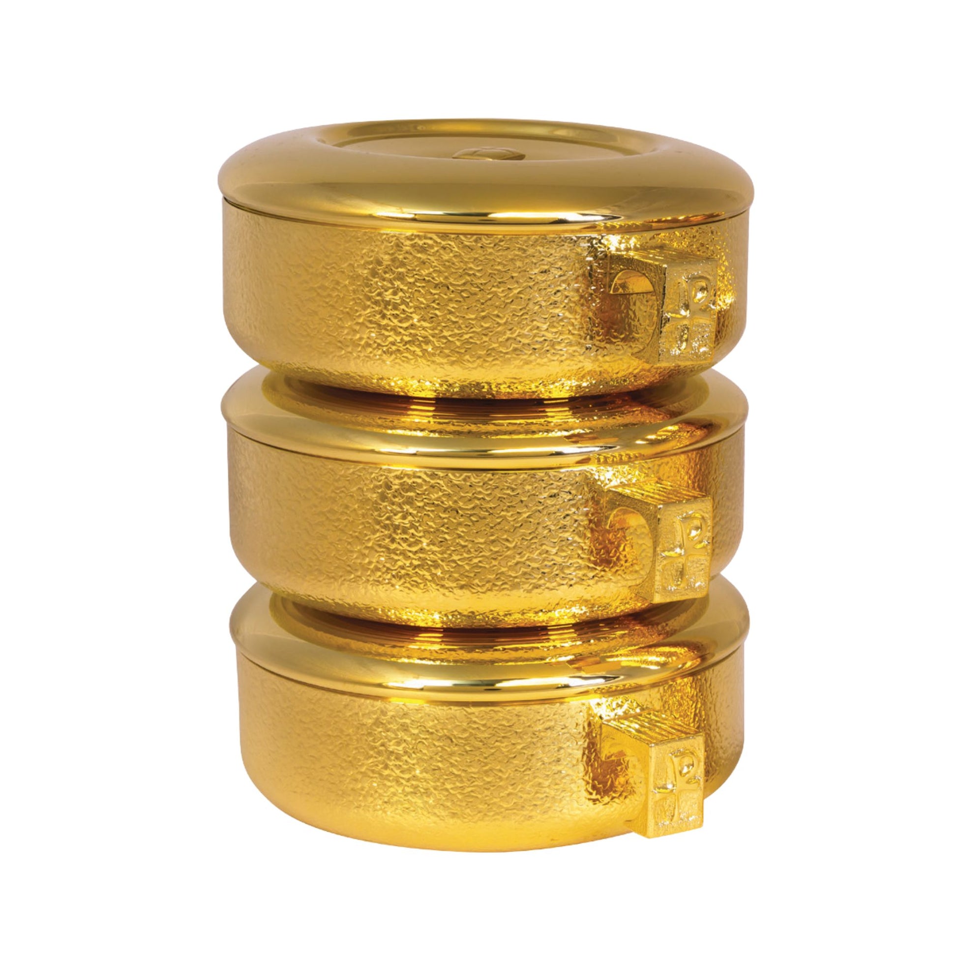 Gold or silver plated stacking ciboria designed for Catholic liturgical use and the reverent distribution of the Blessed Sacrament.
