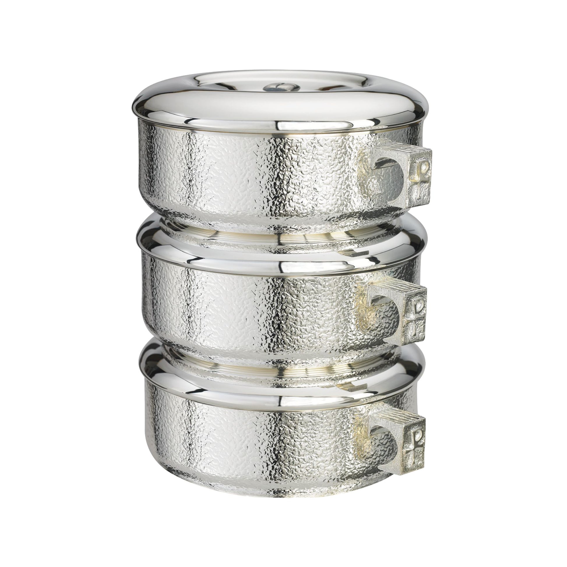 Gold or silver plated stacking ciboria designed for Catholic liturgical use and the reverent distribution of the Blessed Sacrament.