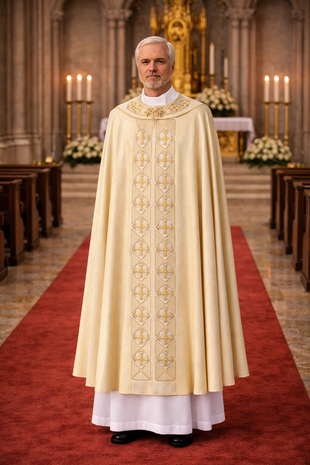 Priest in ornate vestment standing in a cathedral with altar and flowers in the background