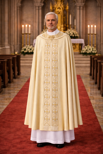 Priest in ornate vestment standing in a cathedral with altar and flowers in the background