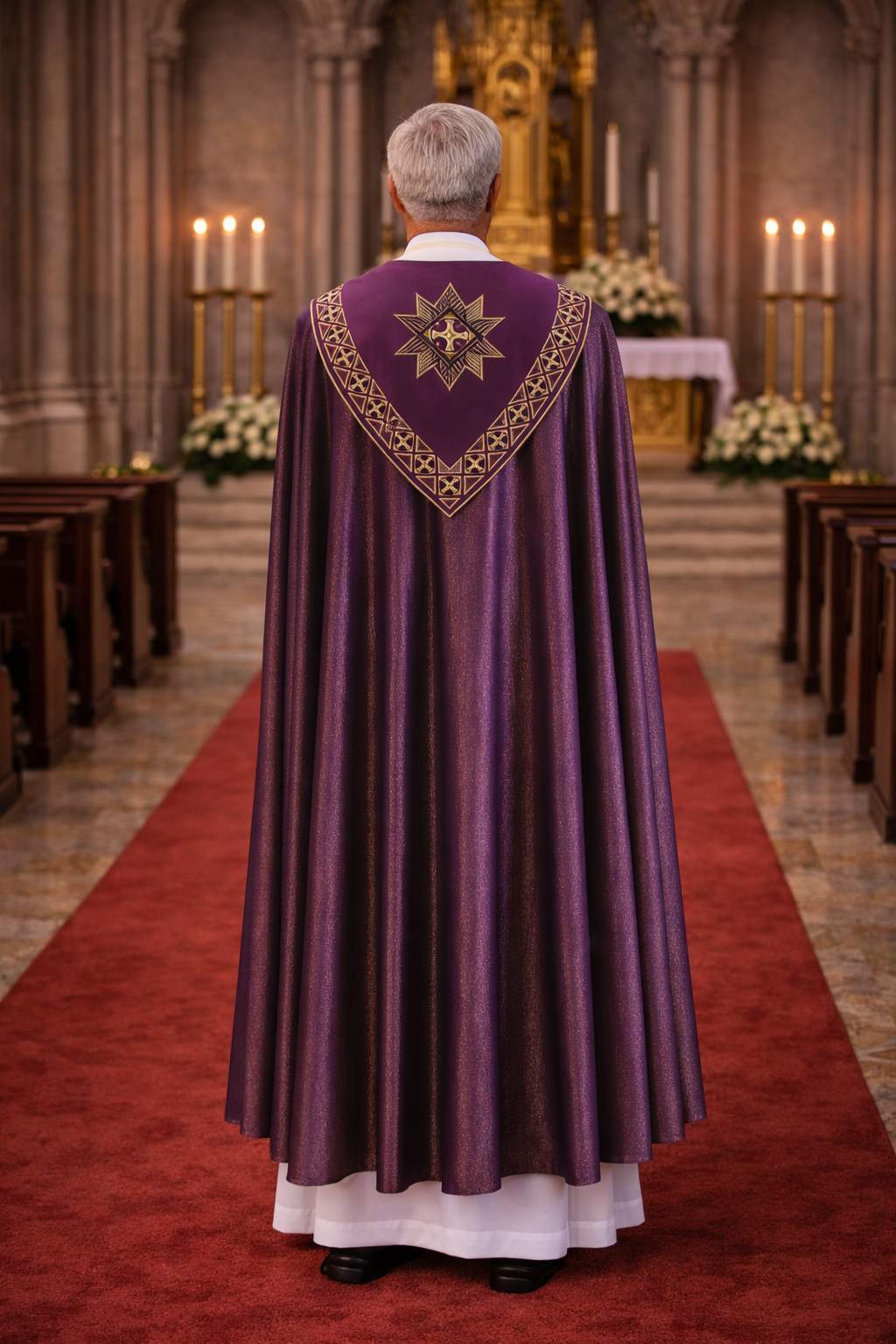 Priest in a purple cope with a star emblem standing in a cathedral.