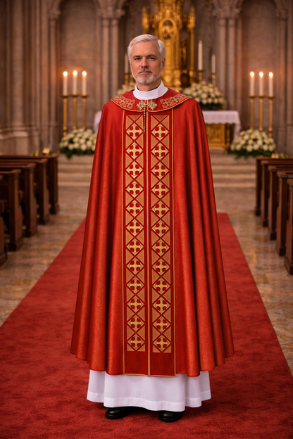 Priest in red liturgical cope standing in a cathedral with altar and candles in the background