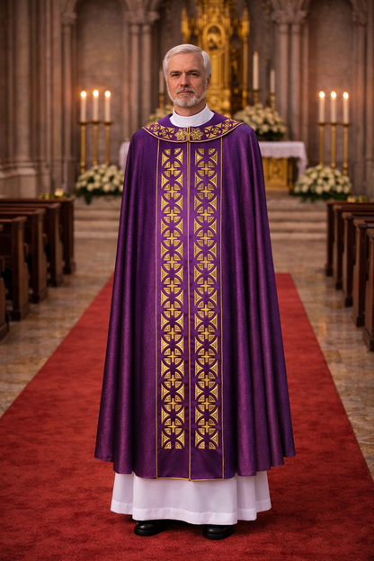 Priest in a purple vestment with gold embroidery standing on a red carpet in a church.