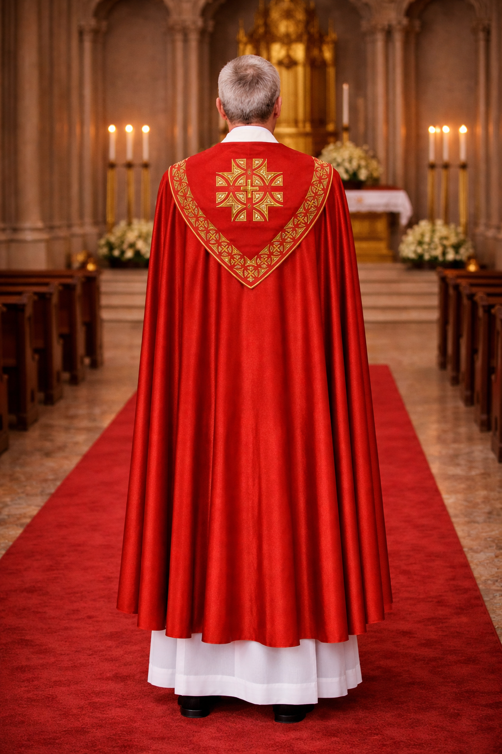 Priest in red liturgical vestment standing in a church aisle.