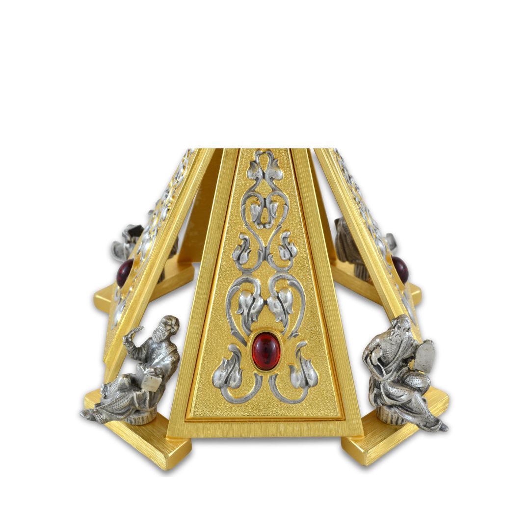 Thabor for monstrance gold finish with evangelist, lilies and precious stones. Made in Italy and sold by The Clergy Store