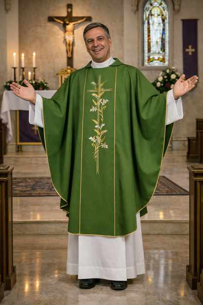 Priest in green vestment with floral embroidery in a church setting