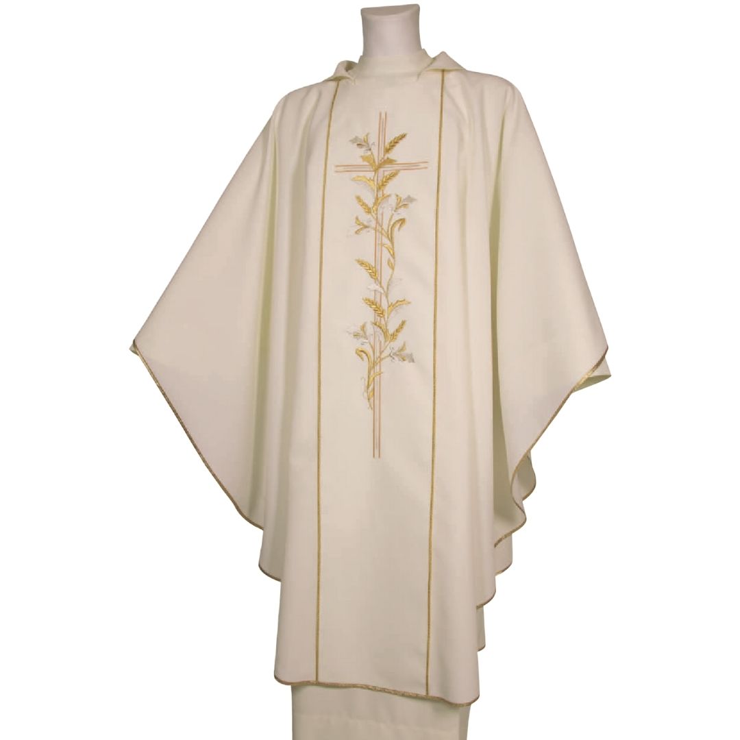 Gothic chasuble ivory with wheat stalk and cross made in Italy and sold by The Clergy Store