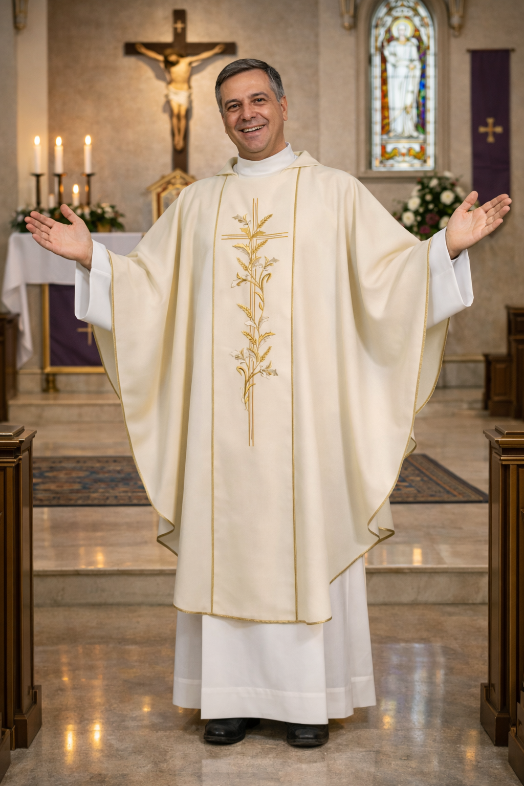 Priest in a ivory chasuble in a church setting with religious decor