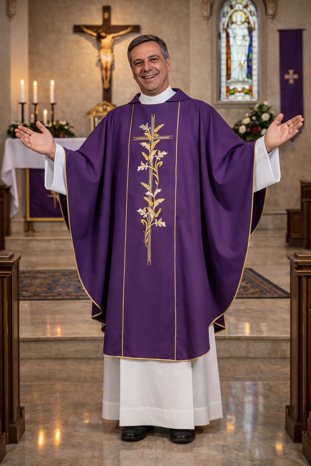 Priest in purple vestment with floral embroidery in a church setting