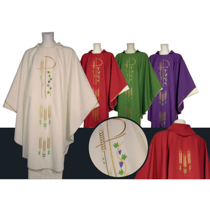 Chasubles with chi rho and stalk of wheat made in Italy and sold by The Clergy Store