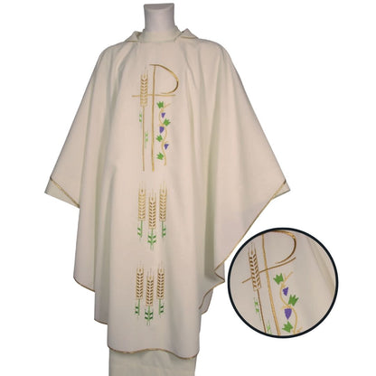 Chasuble ivory with chi rho and stalk of wheat made in Italy and sold by The Clergy Store