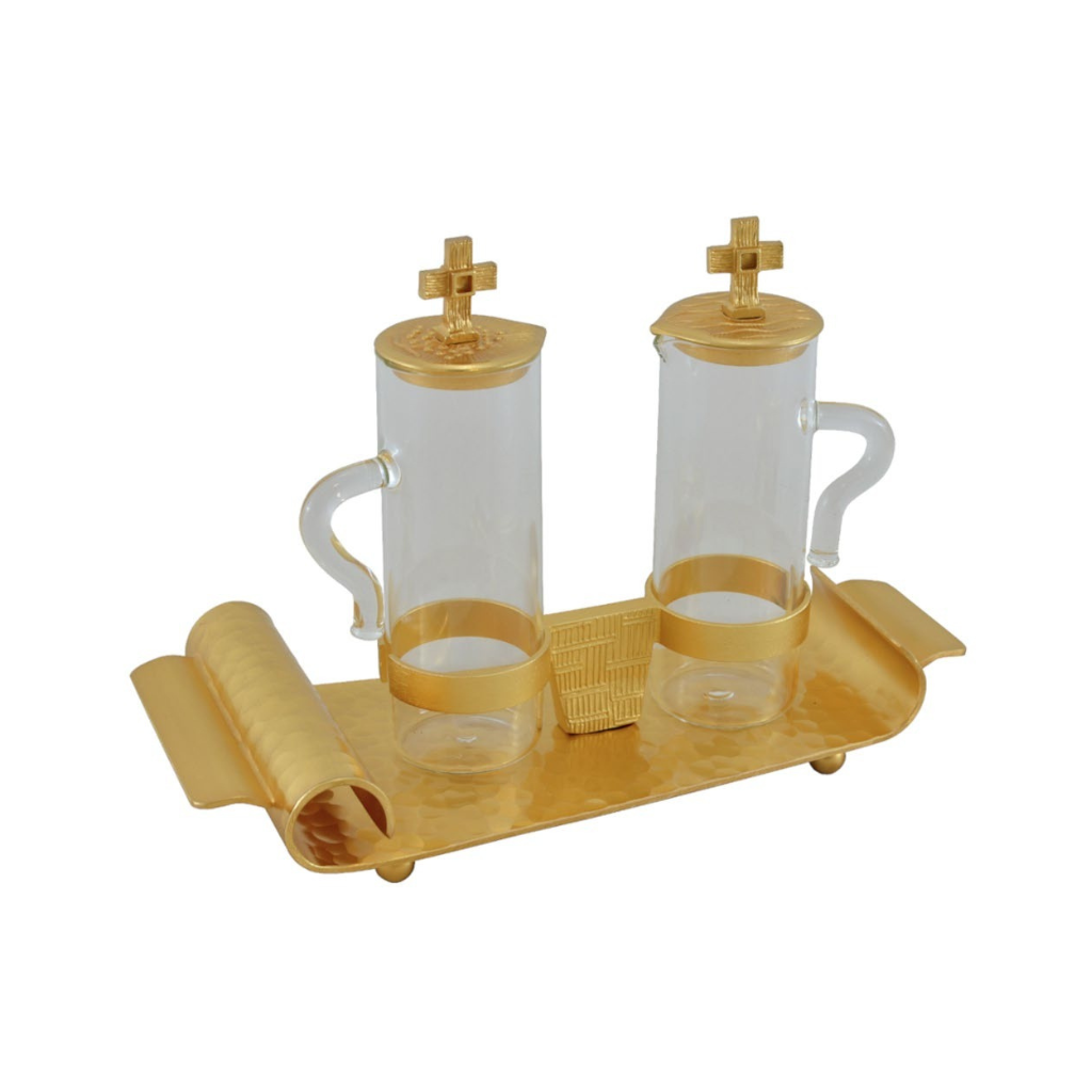 Cruet Set brass gold plated wine and water in glass