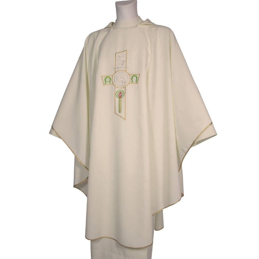 Gothic chasuble ivory with IHS made in Italy and sold by The Clergy Store