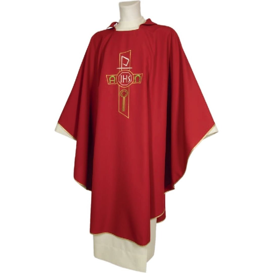 Gothic chasuble red with IHS made in Italy and sold by The Clergy Store