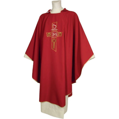 Gothic chasuble red with IHS made in Italy and sold by The Clergy Store