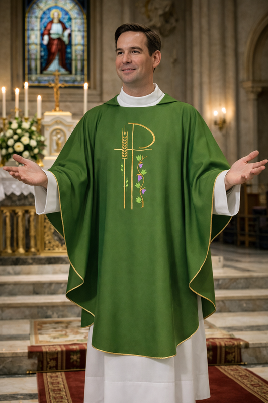 Priest in a green vestment with a symbol in a church setting
