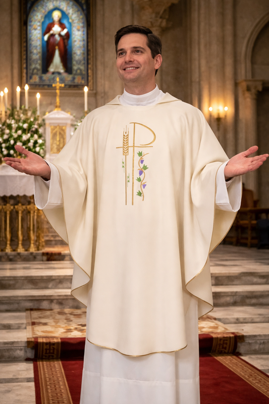 Priest in liturgical vestments standing in a church setting