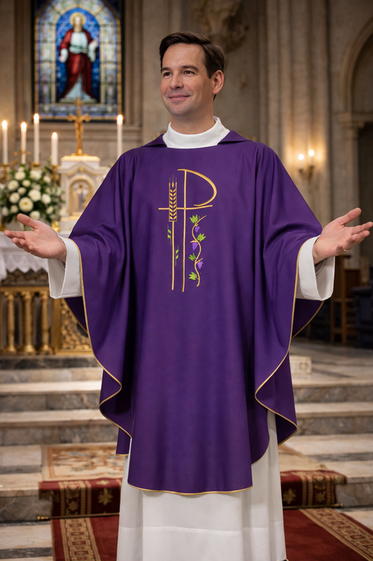 Priest in purple vestment with a symbol in a church setting