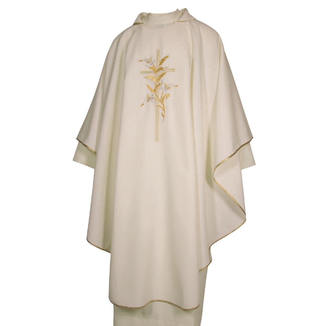 Gothic chasubles ivory with cross and wheat made in Italy and sold by The Clergy Store