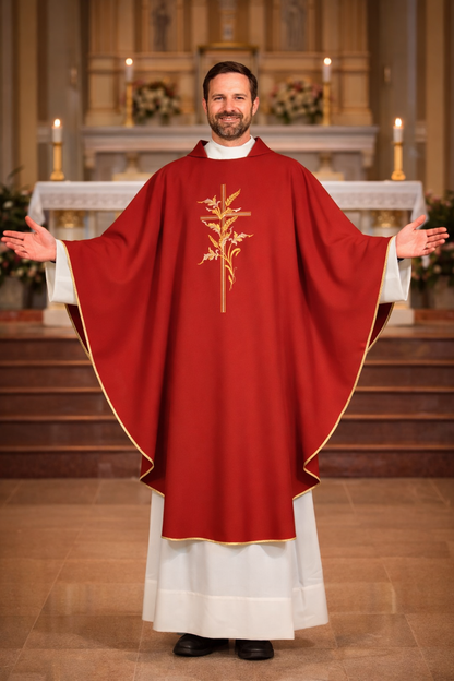 Priest in red liturgical vestment with gold embroidery in a church setting