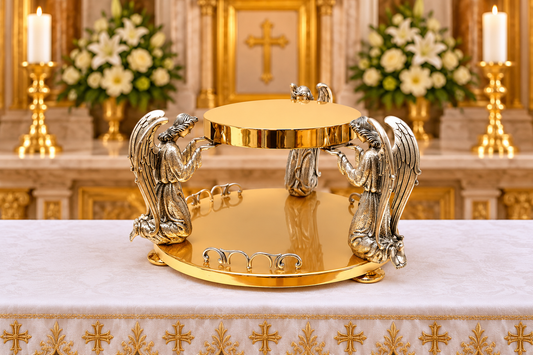 Thabor for monstrance brass gold plated with  3 Angels. Made in Italy and sold by The Clergy Store