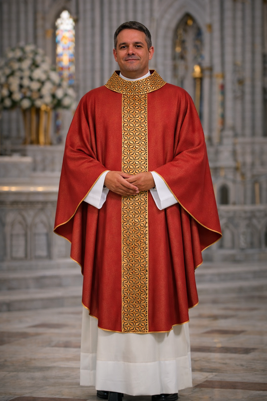 Gold thread chasuble with beige shades that soften and black details that contrast with the precious embroidery .
Round collar and stole also entirely embroidered, finished with a gold border, made in 4 liturgical colours.