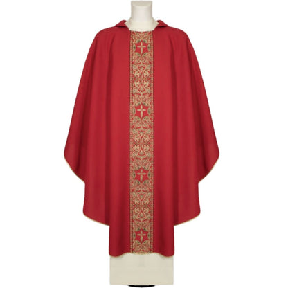 Chasuble red with brocade banding made in Italy and sold by The Clergy Store