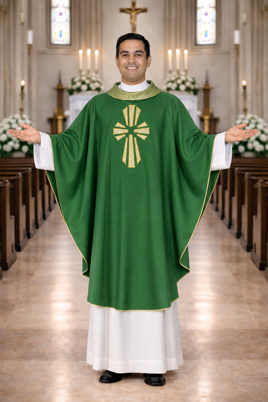 Priest in a church wearing a green liturgical vestment with a cross design.