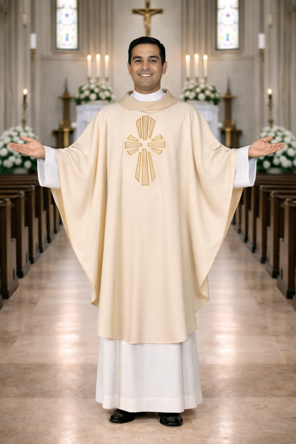 Priest in a church wearing a ivory liturgical vestment with a cross design.