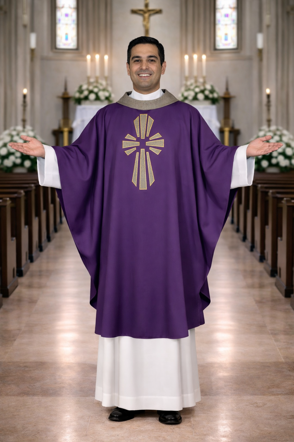 Priest in purple liturgical vestments standing in a church aisle.