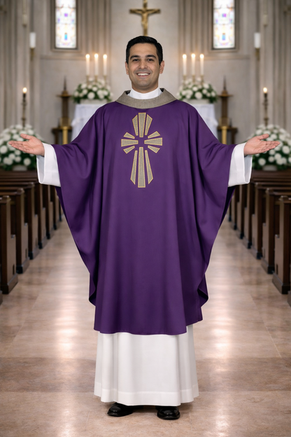 Priest in purple liturgical vestments standing in a church aisle.