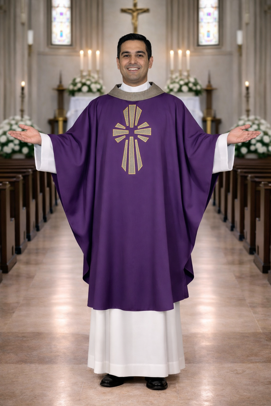 Priest in purple liturgical vestments standing in a church aisle.